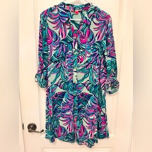 Lilly Pulitzer Pink and Blue Leaf Print beach dress